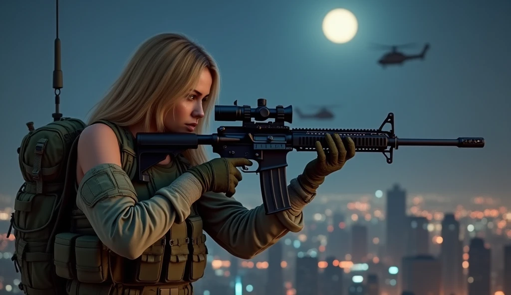 Photorealistic、Realistic skin texture、high resolution、High definition、Beautiful Arabian girl in tiger stripe camouflage uniform、On her upper body, she is only wearing a camouflage bra top.、Taking a shooting stance、Manhattan night view、Very beautiful 1 female soldier、Carrying a military backpack、Wearing a bulletproof vest、Aiming an automatic rifle、Holding a realistic sniper rifle、Blonde medium-long hair、Young face、A military helicopter flies in the sky、The background is a skyscraper district、Smoky battlefield、The background is the night sky、Full moon in the sky、The person is a full-body angle、Watching the audience
