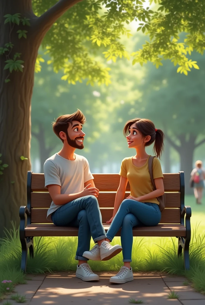 Two friends chatting on a park bench in a very relaxed way