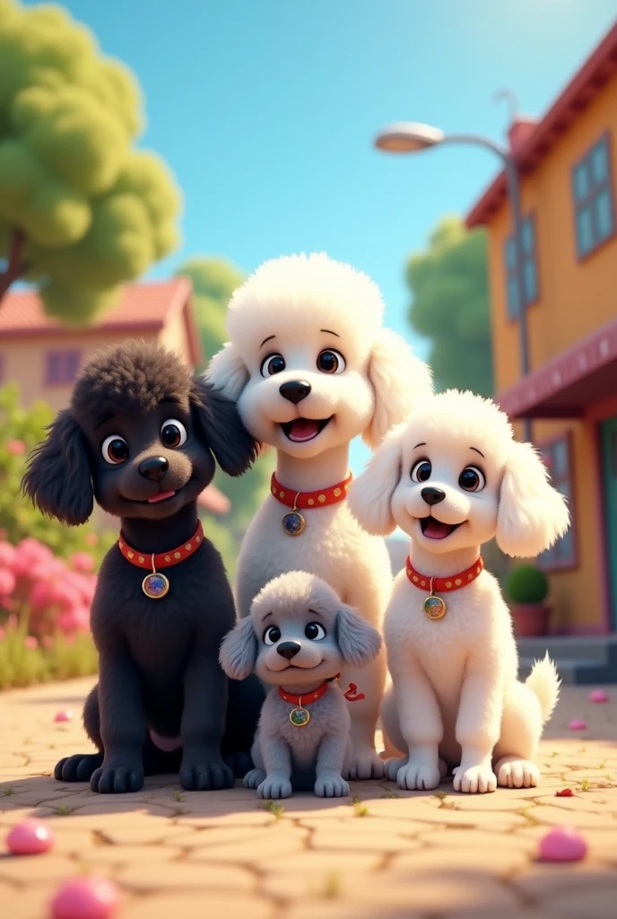 Pixar cartoon of six dogs, one black Creole, 1poddle blanco, 1 poodle gris, 1 mini poodle gris, 1 white poodle with black and another white poodle with a black spot on the eye