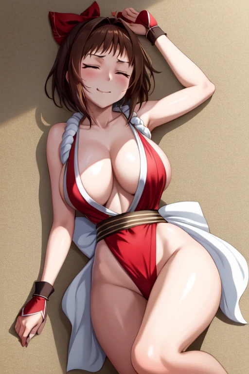 masterpiece, best quality, beautiful art, high resolution, well formed hands, body and fingers, 1 woman, solo, Ui Wakana, red makeup, red lipstick,adult, grown up,  cosplaying as Mai Shiranui , mai_shiranui_cosplay, adult, large and big breasted, cleavage, full body , hair ribbon, gorgeous legs and, thighs, sexy Japanese clothes, hair ornament , sexy and bare legs , hips and thighs, panties peek,ryona,in peril, she is defeated, knocked out, passed out, closed eyes, fainting, exhausted, unconscious, laying down on the sand, extended exposed body, full body on the sand, breathing heavily, sexy smirk on her face, bouncing breasts, sexy defeated and KO pose, defeat and KO scene, fallen beauty, martial arts tournament with beach environment      