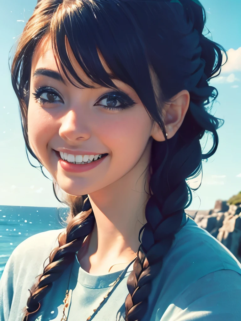 Masterpiece, Best Quality, 8K, Photographic Reality, Realistic, a close-up of a girl, 20, brown eyes, dark hair in a French Braid, smiling, wearing a light blue skirt. rocky beach background in the morning light.