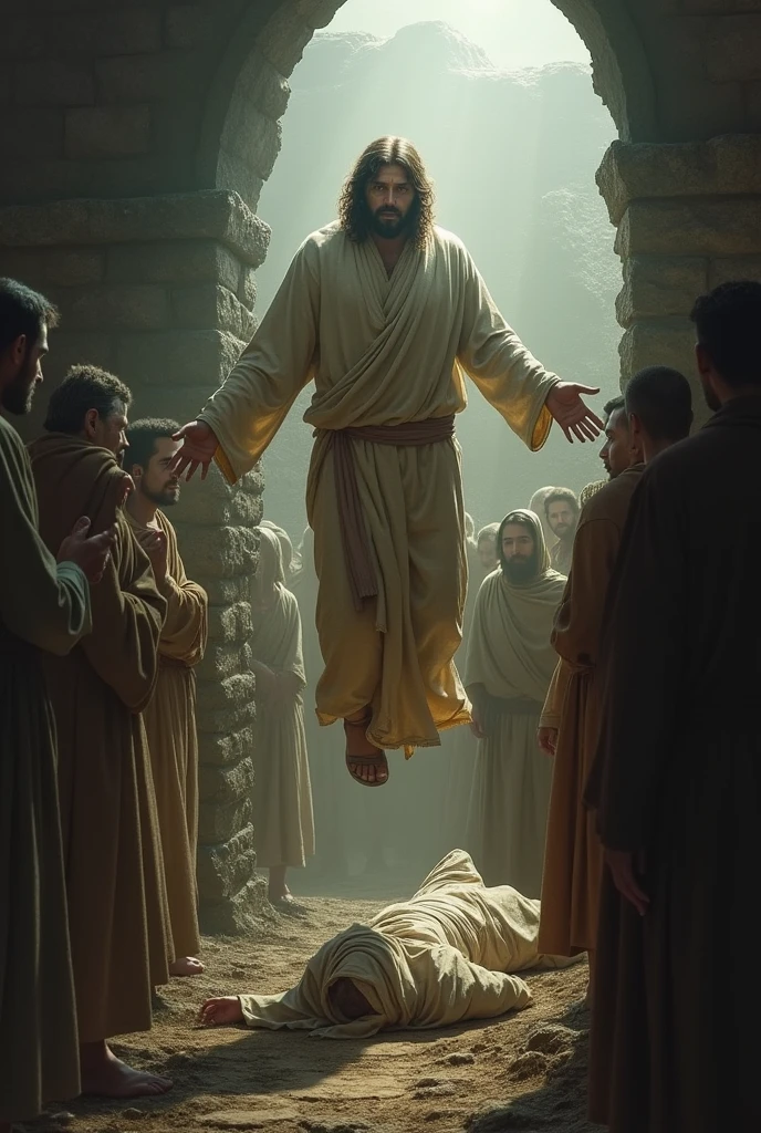  It is, having said that, cried out with a loud voice: Lazarus, come out. 44 It is o defunto saiu, having their hands and feet bound with bandages, and your face, wrapped in a scarf. Jesus said to them: Turn it off and let it go.