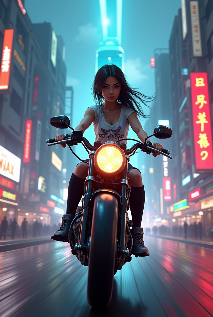 Cyberpunk style animation of a girl named Pramidita in her T-shirt while riding a motorbike
