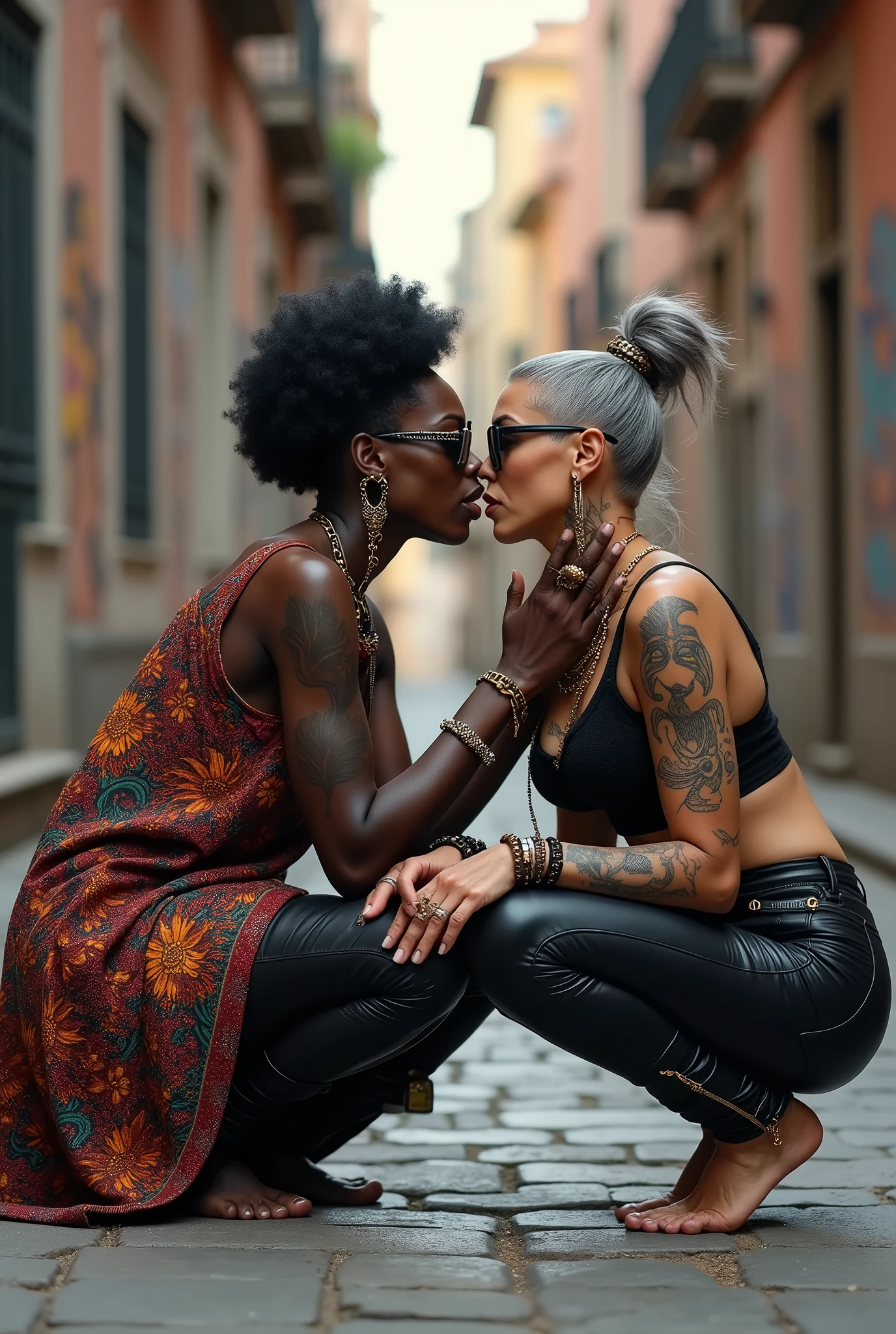 Three russian old milf women: the strong, muscular , dominant dark skinned gipsy woman (black afro, long african traditional colourful tunic, barefoot), squatting with possessive stance (arms around her two girlfriends' necks). At her feet, lying on the ground,her two caucasian girlfriends groping and kissing each other, weak, light grey hair, submissive and needy, feeling defeated and needy, in laid back postures with hands touching their thongs or their necks or chest, looking at each other with open mouths, arched back, different clothes but all wearing clothes in rock chic style. grey hair (bouffant, top bun, shaved sides) and oversized square sunglasses. Big lips. Black lace push up bras, silicone breasts,, low rise skinny leather jeans. Both Barefoot.. Lots of thick wide studded bracelets, chain necklaces and big rings,. Long earrings with chains and feathers. Chains around their hips. Lounging lazily on the ground with bended knees, separated legs and arched backs. Lazy, leaning back, laid back pose, separated legs. Neck tattoed, chest tattoed, stomach tattoed, feet, hands, arms and wrists heavily tattoed. Toned abdominals, thin neck, slim legs and thin arms. Narrow hips. Both, open legs. Full body. At a Madrid narrow street with graffitied walls.