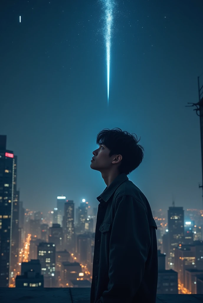 (best quality, masterpiece, ultra detailed), place: City rooftop footage: The protagonist stands on the roof of a skyscraper again.、Looking up at the night sky。A shooting star shines in the night sky this time、A ray of hope。Close-up of the main character&#39;s profile