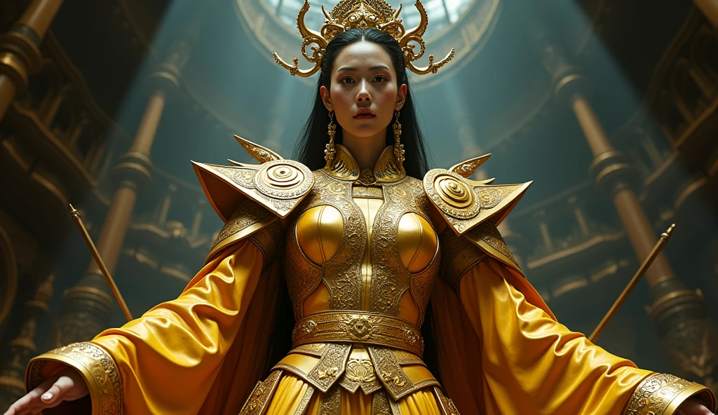 Alien technology martial arts costumes, fashion photography,gold clothing , Dim lighting,gloomy,Photorealistic,Create tension、Sinister atmosphere。Swords,The viewing angle is from below,Emphasizes the absolute majesty and power of the female emperor。,Inspired by Chinese Xianxia and Cyberpunk。(best quality,4K,8K,high resolution,masterpiece:1.2), (Practical,Reality,Photo-real:1.37). information,