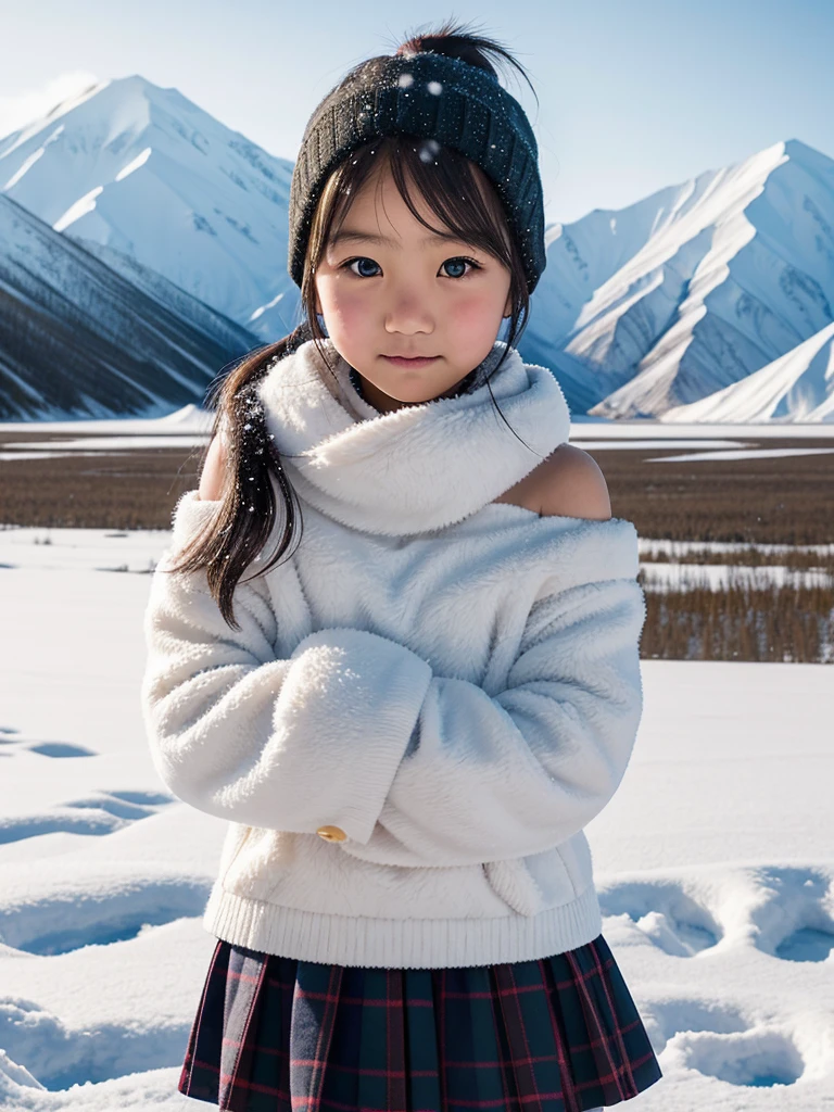 Japanese , off-shoulder, sweet expression, winter, Kluane National Park, Canada, snowy field, heavy snow