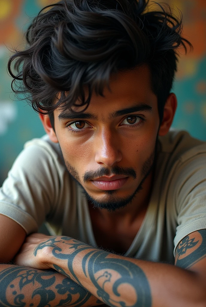 create an image of a boy, dark hair ,
with big brown eyes ,light brown skin,
with tattoos on the forearms, short beard, graffiti style