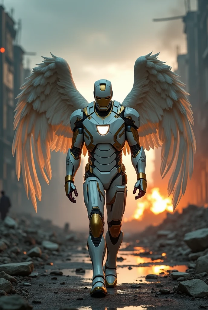 Cinematic Ironman, large white wings folded down, sad, intricate white and golden shine costume, walk on decrepit street, destroyed buildings, dark sky, active fires in background, volumetric fog, subsurface scattering, ambient occlusion, post apocalyptic, ruins of war, fire, smoke, (bokeh:1. 4) masterpiece, best quality, detailed, realistic, 8k UHD, high quality, lifelike, precise, vibrant, absurdres, rendered in a cinematic, HDR style, 8K resolution