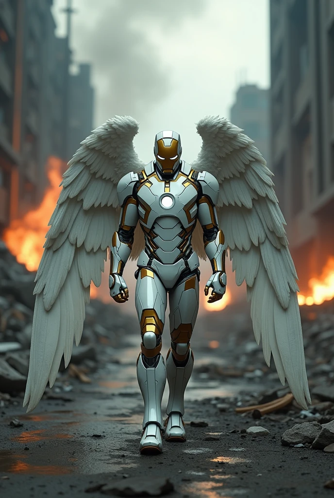 Cinematic Ironman, large white wings folded down, sad, intricate white and golden shine costume, walk on decrepit street, destroyed buildings, dark sky, active fires in background, volumetric fog, subsurface scattering, ambient occlusion, post apocalyptic, ruins of war, fire, smoke, (bokeh:1. 4) masterpiece, best quality, detailed, realistic, 8k UHD, high quality, lifelike, precise, vibrant, absurdres, rendered in a cinematic, HDR style, 8K resolution