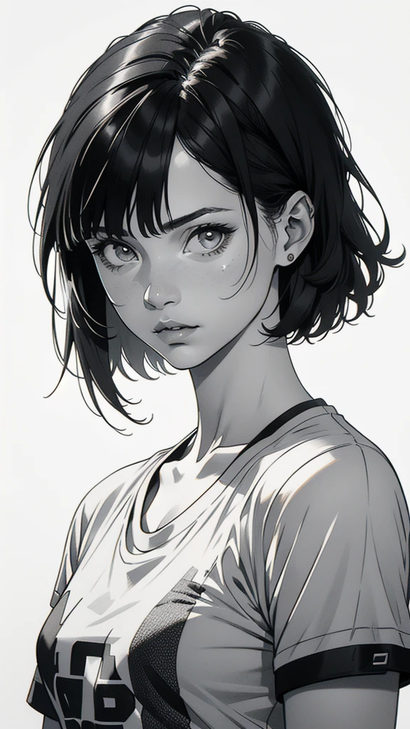 1 boyish girl, solo, sharp eyes, monochrome, greyscale, short black hair, portrait, white T-shirt, closed mouth, looking at viewer, graphite \(medium\), detailed lips, hatching \(texture\), without makeup, bangs, upper body, (best illustration), (best quality), (very detailed), (masterpiece), expressionless,