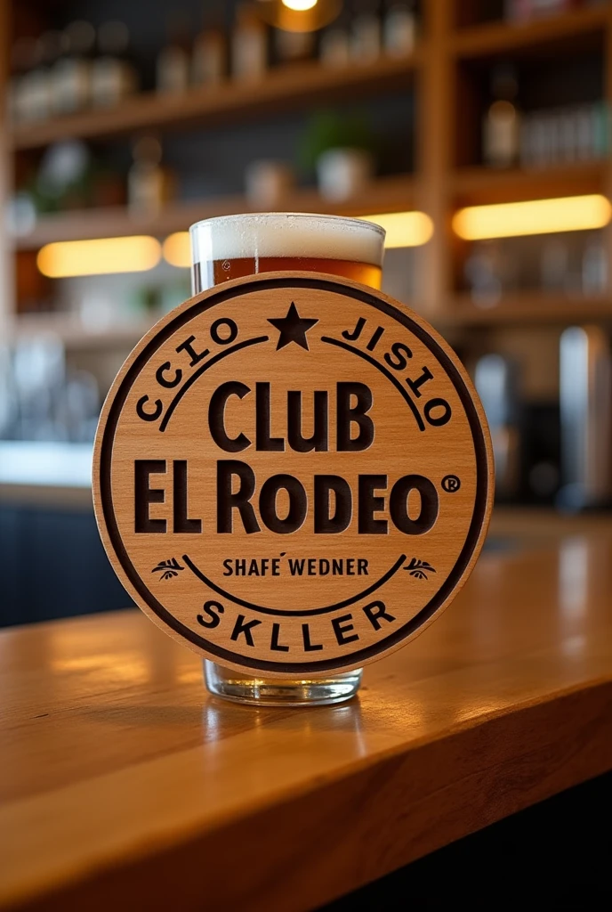 A wooden logo that says Club El Rodeo that is modern and creative with the color of the wood for a bar with a beer