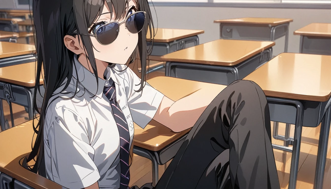 anime style,score up_9,score up_8,score up_7,source_anime,masterpiece,best quality,super fine illustration,super detailed,8k,black men's suits,girl,18yo,sunglass,in classroom,solo,sitting,cat years,