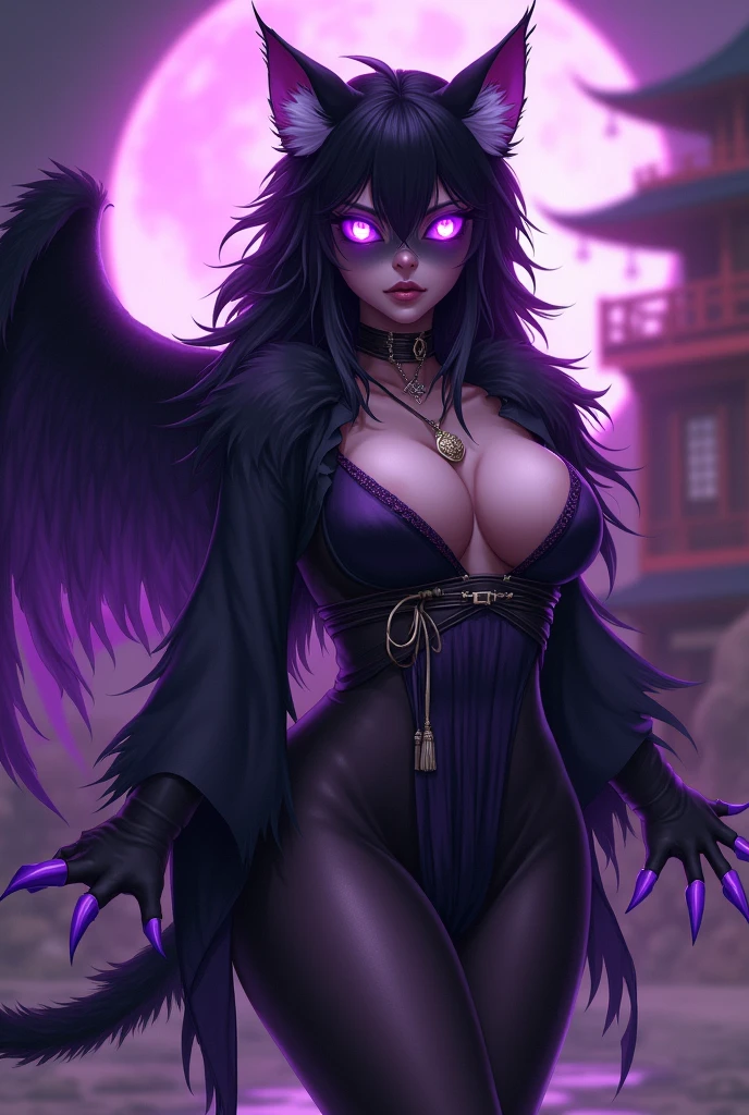 furry cat girl, anime western style art, cat ears, large breasts, violet cat eyes, slit irises, thin iris, violet mist aura, body, Japanese clothing laced with dark purple linen, violet claws, Japanese background, paws, violet aura, long hair, silky hair, straight hair, black fur, cat face, huge Cup breasts, glowing cat eyes, huge thighs, furry wings, furry body, muzzle, cat face, fur, fur covering body, mostly animal, creature, paw pads, dark skin, animal based person, small person