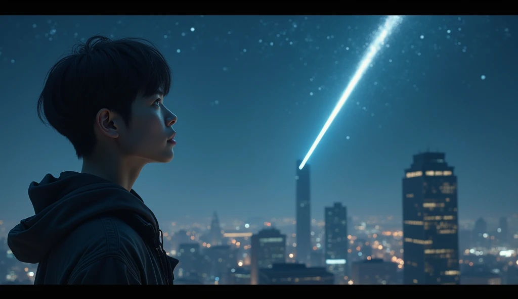 (best quality, masterpiece, ultra detailed), place: City rooftop footage: The protagonist stands on the roof of a skyscraper again.、Looking up at the night sky。A shooting star shines in the night sky this time、A ray of hope。Close-up of the main character's profile