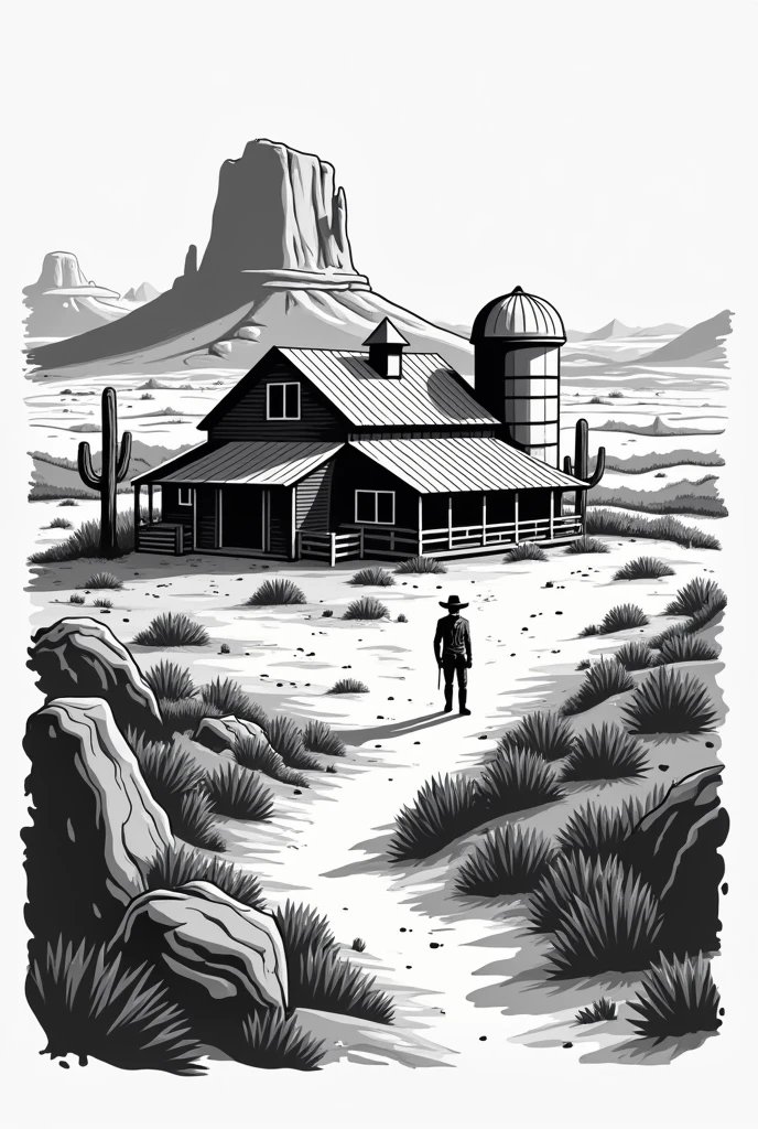 A black and white extended logo of a desert with a 2d western style farm