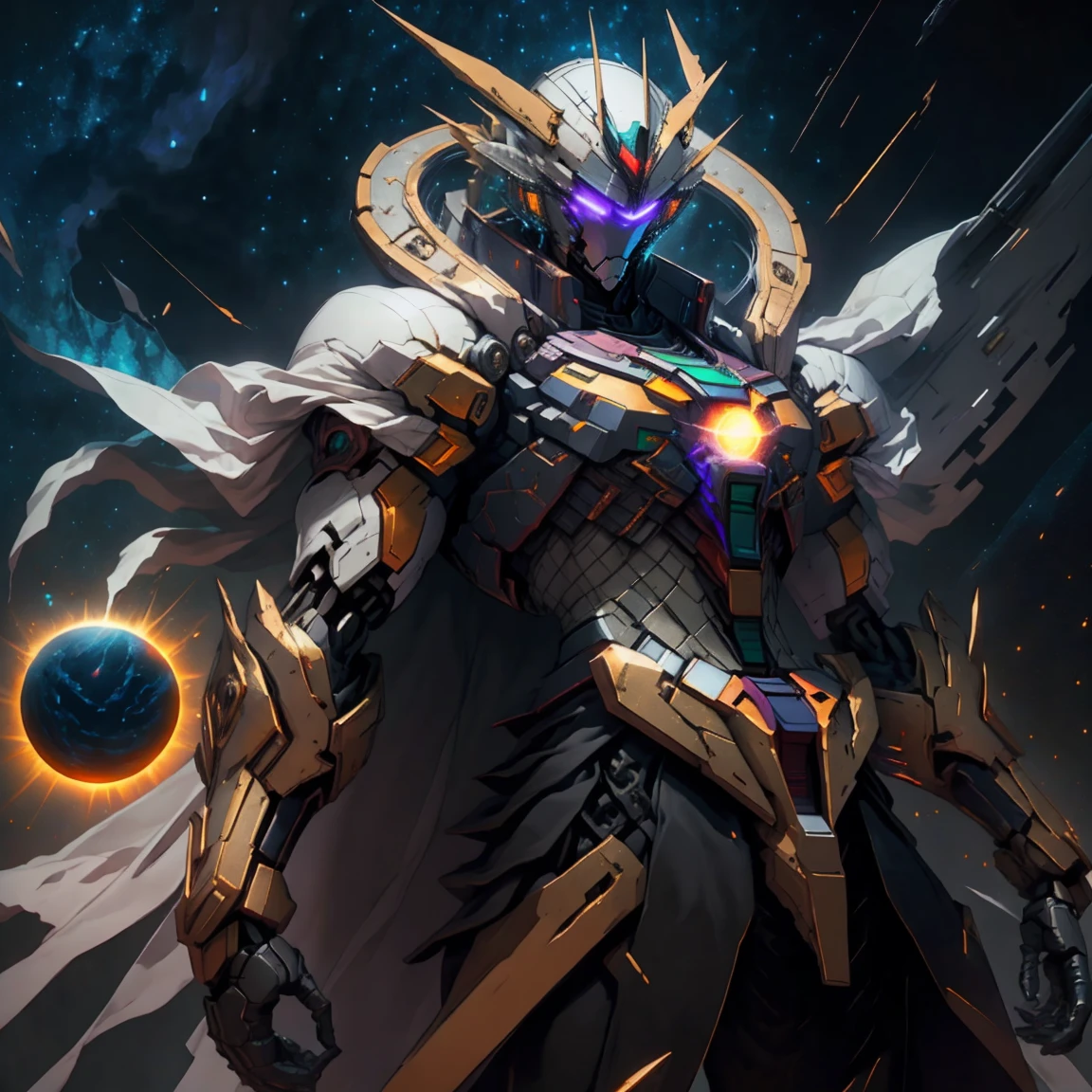 Sun God, Background sun surface, gold Saint Seiya limb armor, (Hello Sun: 1.5) (cape: 1.5), (skirt: 1.8) (Dragon symbol: 1.5), (Gundam 00 Gundam Exia: 1.5), (Starry Sky: 1.8) (Mecha) (Mechanical) (armor), (Open your legs: 1.3), perfect, (Wide Angle), (black background: 1.6), best quality, masterpiece, Super Resolution, (Reality: 1.4), Crazy details, Unrealistic engine style, boca effect, David La Chapelle style shots, Bioluminescent palette: Light Blue, Light Gold, light pink, Bright white, Wide Angle, Ultrafine, still life of film, Energetic, Sakimichan Style, perfect eyes, Maximum image quality 8K, Inspired by Harry Winston, Canon EOS R 6 masterpiece "Chaos 50,--, mole under the eye, Ray Tracing, 超Reality主义, Textured Skin