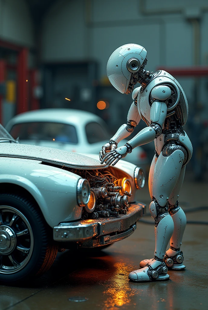 Water robot is repairing a broken car