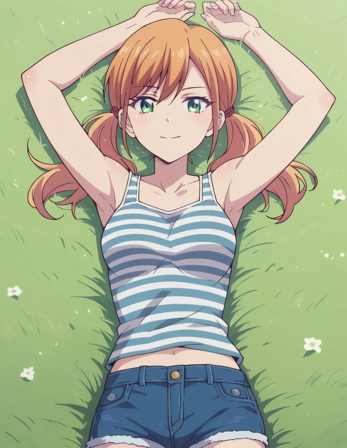 riho tsukishima, long hair, bangs, twintails, green eyes, low twintails, striped tank top, jean shorts, high quality, solo, lying, on back, arms up, spread arms, closed mouth, on grass, medium breast, looking at viewer, cowboy shot, smile, best quality,