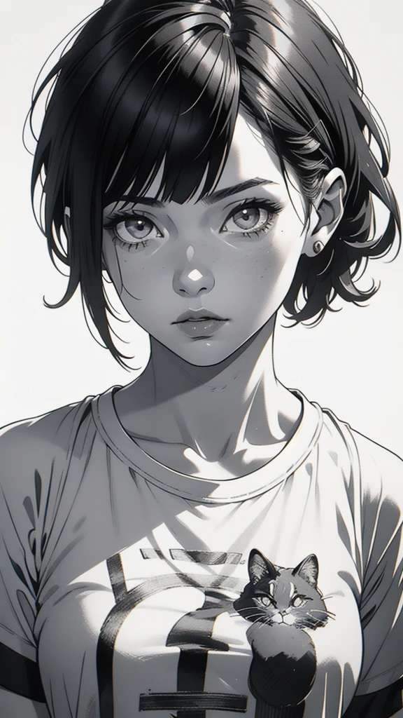 1 boyish girl, solo, sharp eyes, monochrome, greyscale, short black hair, portrait, white T-shirt, closed mouth, looking at viewer, graphite \(medium\), detailed lips, hatching \(texture\), without makeup, bangs, upper body, (best illustration), (best quality), (very detailed), (masterpiece), expressionless,
