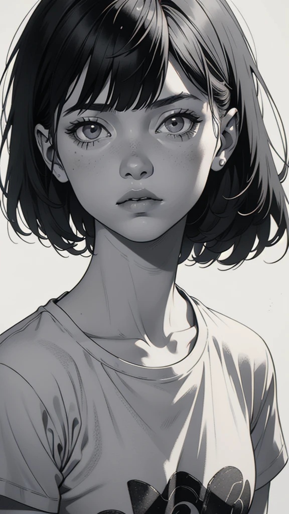 1 boyish girl, solo, sharp eyes, monochrome, greyscale, short black hair, portrait, white T-shirt, closed mouth, looking at viewer, graphite \(medium\), detailed lips, hatching \(texture\), without makeup, bangs, upper body, (best illustration), (best quality), (very detailed), (masterpiece), expressionless,