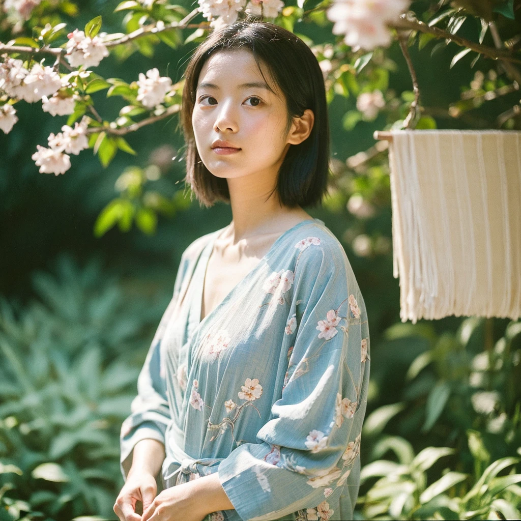 A hyper-realistic image of a single Japanese woman in her early 20s, captured from the shoulders up with the distinctive warmth and pronounced graininess of a vintage film camera. She is wearing a traditional Japanese yukata with an elegant, classic design, featuring delicate floral patterns such as cherry blossoms, peonies, or traditional motifs like wave and fan designs. The yukata is made from lightweight cotton fabric with a soft, slightly textured weave that drapes naturally over her shoulders. The color scheme is traditional, including shades like deep indigo, soft pastel pinks, or light blues, with accents of white. The yukata is wrapped correctly, with the left side over the right, and is visible only from the shoulders up, ensuring the neckline and part of the obi appear subtly in the frame. Her skin has a warm beige tone with a natural, slightly rough texture that includes visible pores, fine lines, and small imperfections like subtle blemishes or uneven tones, adding to the authenticity of her look. The soft, diffused natural light, reminiscent of a summer afternoon, casts gentle shadows across her face, creating a warm, organic feel with slightly muted contrast typical of film photography. Her straight, slightly tousled black hair frames her face naturally, moving gently in a light summer breeze. Her deep brown eyes reflect the ambient light, but with a softer focus, evoking the nostalgic quality of film. The film camera effect is more pronounced, with visible grain, slight color shifts, and a touch of vignette, enhancing the vintage aesthetic. The composition captures her serene, understated elegance, focusing on her upper body, showcasing the traditional elements of her attire and the timeless beauty of Japanese summer.