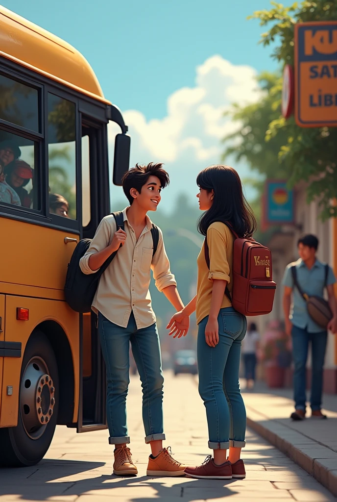 Young Peruvian student getting off the bus and saying goodbye to the Peruvian student
