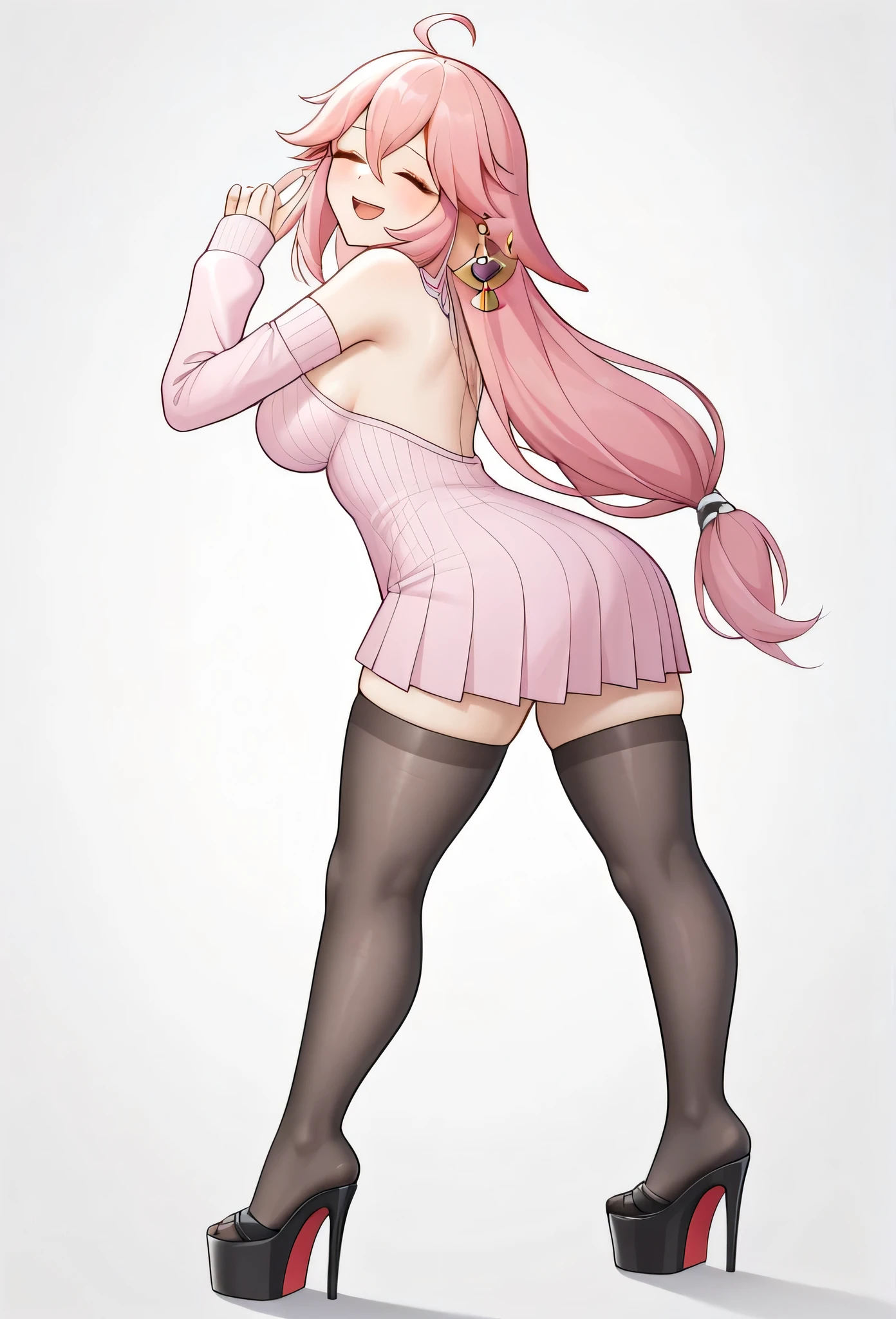 score_9,score_8_the most,score_7_the most,Bachong, alone, Pink_chemise, Pink_theme, Schmucklos_backdrop, 1 girl, long_sleeve, open_mouth closed, pleated_rocks, breasts, seek_at_spectators, Pink_sweater, White_backdrop, White_chemise, Pink_Ribbon, sleeve_Past_wrists, highres, absurdeste, sleeveless_sweater, hole body, black nylon stockings, platform High heels, five fingers, bent, body Body from behind
