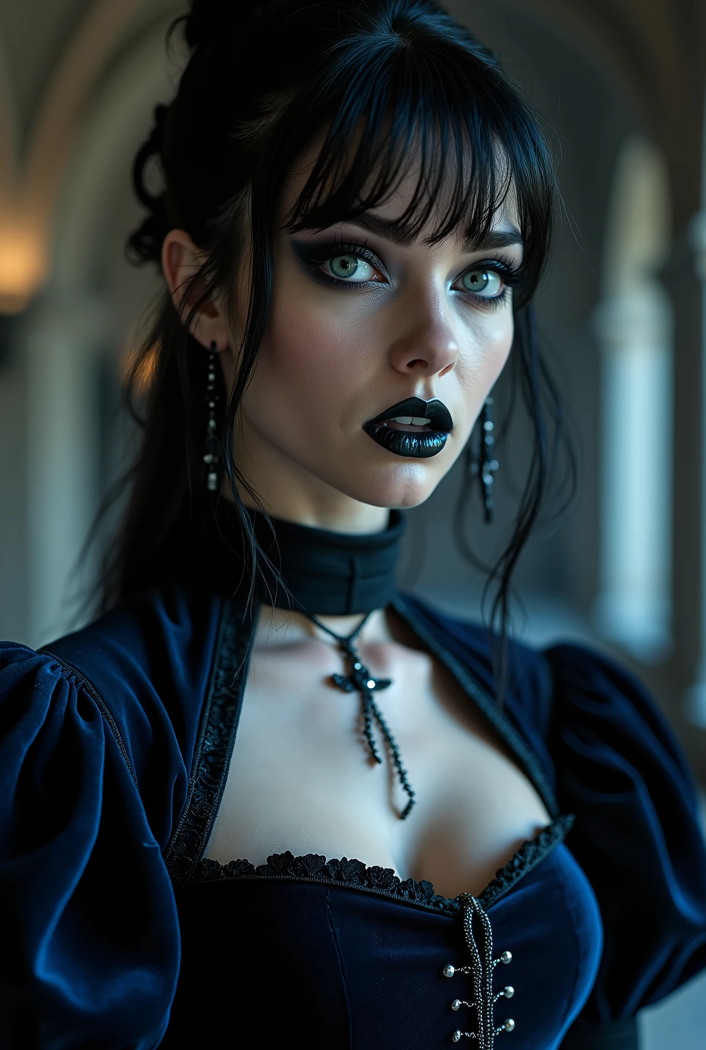 ((photograph)), black hair updo goth girl, blackout eyeshadow, 30 year elegant woman, pale skin, high collar renaissance blue velvet dress, black lips, chains, bright blue eyes, buxom, upper torso, background medieval castle ballroom, dark, dim, night, gasping, ((Vampire fangs))