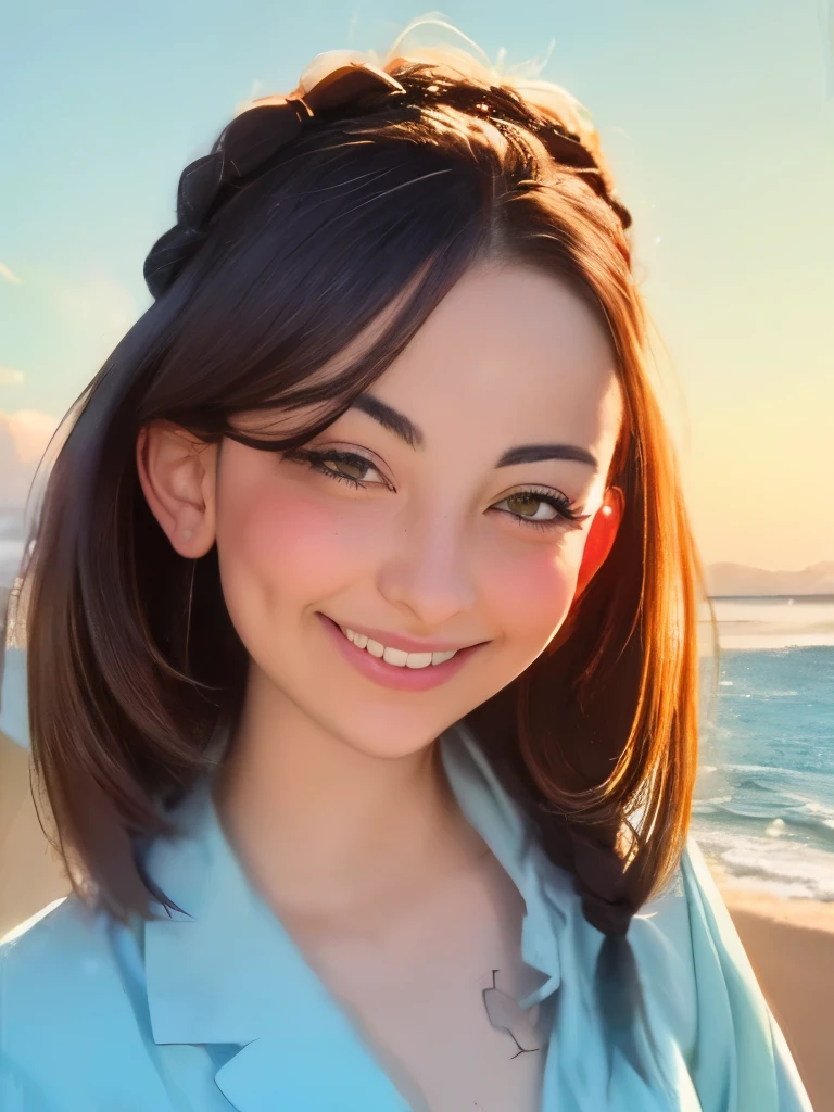 Masterpiece, Best Quality, 8K, Photographic Reality, Realistic, a close-up of a girl, 20, brown eyes, dark hair in a French Braid, smiling, wearing a light blue skirt. rocky beach background in the morning light.