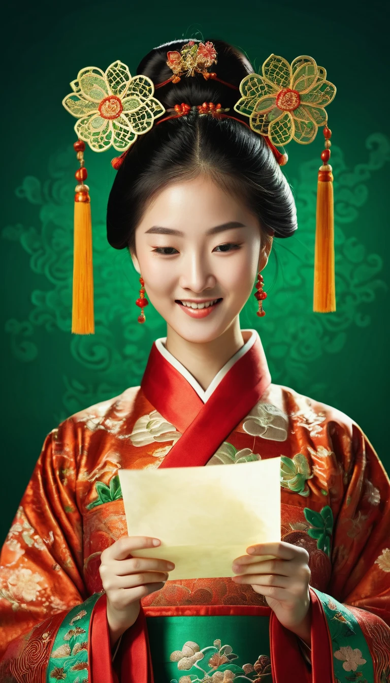 Portrait of an Asian girl reading a letter with a happy face, ancient Chinese costume, emerald green embroidered with brilliant brocade, surprised, happy and lucky expression. Warm and cool light contrast. Surreal double exposure effect. Conceptual digital art style. 8K image quality, realistic, masterpiece, sharpest and highest contrast, excellent depth of field, stereoscopic light