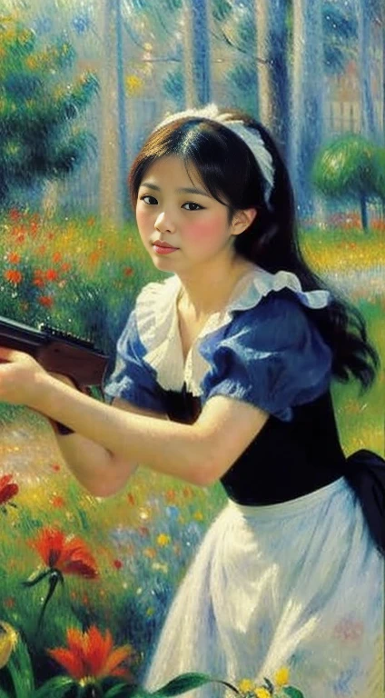 Japanese women、Beauty Maid、(((Battle Scenes)))、((Renoir-style painting))、(Gunfight)、Pistol