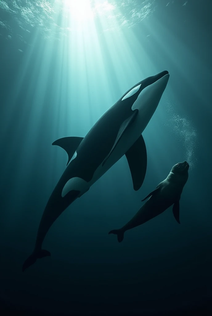 Artistic photograph by Aimee Jan capturing an orca swimming in the depths of Antarctica, pursuing a sea lion. The image is designed to evoke strong emotions through dramatic contrasts of light and shadow. The detailed depiction of the orca and sea lion, set against the icy, dark waters, highlights the intense dynamic between the two. The photograph emphasizes the ethereal, otherworldly atmosphere of the underwater environment, creating a powerful emotional impact.