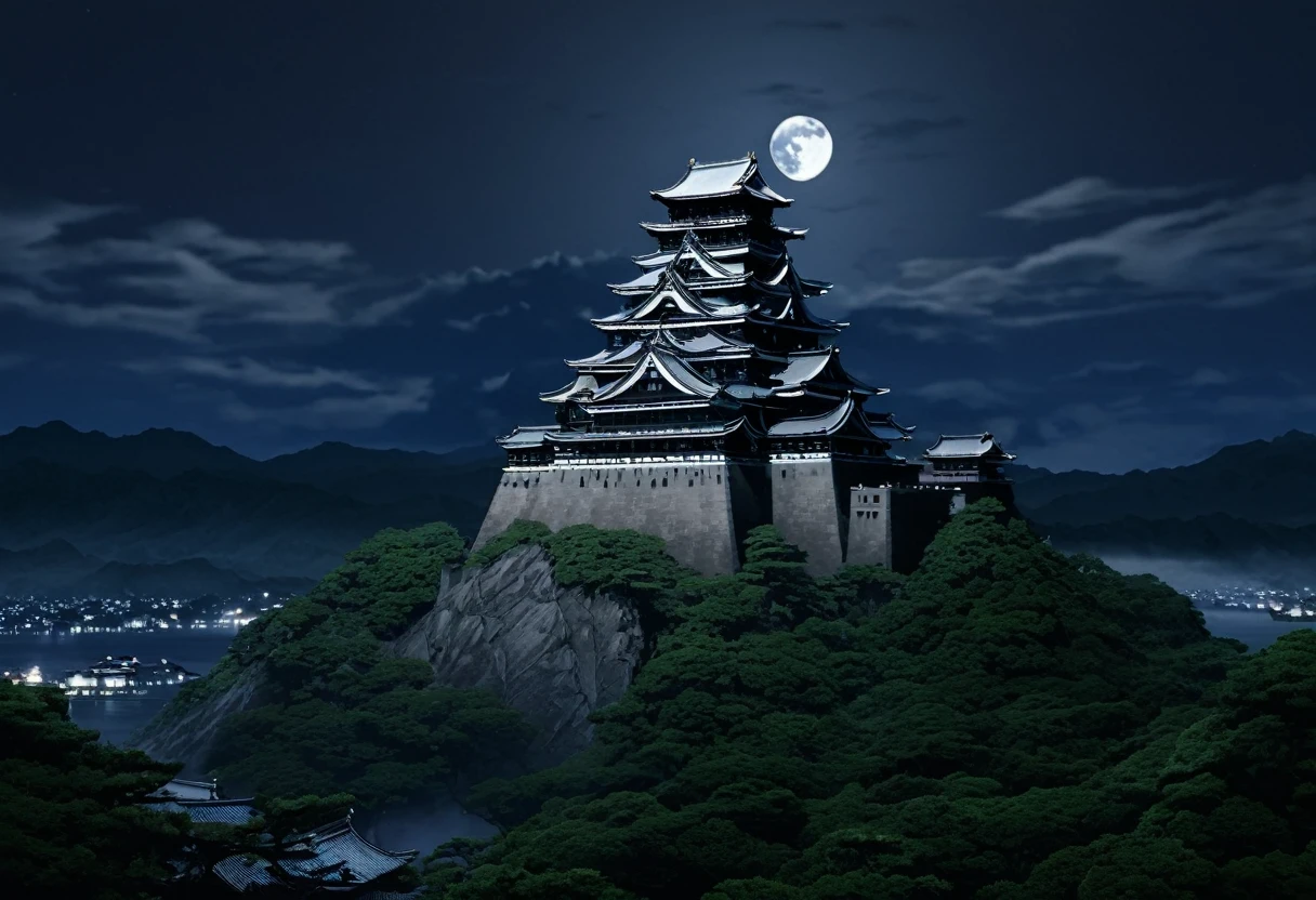 During the Sengoku period, under the light of a full moon, a strange ten-tiered castle looms ominously, its presence both eerie and captivating. Legend has it that demons inhabit this fortress, using their power to dominate the surrounding lands. As the moonlight bathes the castle, its stone towers exude an uncanny beauty. This scene encapsulates the darkness and fear of the Sengoku era, drawing viewers into a realm where unease and allure intertwine.