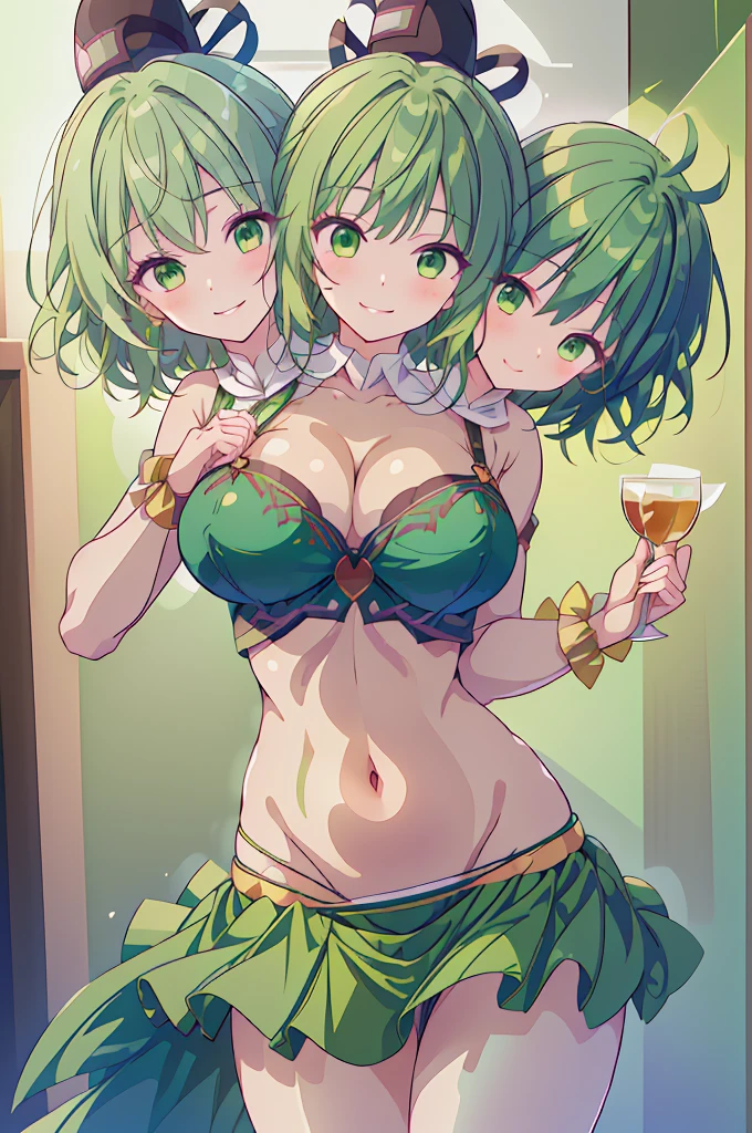 (masterpiece, best quality), best quality, (ultra-detailed), (3heads:1.5), 1girl, (soga no tojiko:1.3), masterpiece, best quality, ultra quality, ultra resolution, ultra detail, dark green top, crop top, ((stomach)), midriff, ((groin)), dark green skirt, normal ears, shackles, green hair, (same hair color), short hair, green eyes, very detailed eyes, parted lips, (smiling:1.5), (soft smile:1.5), cute smile, cute, toned belly, hand on own chest, eyelashes, (2 woman:1.3), (masterpiece:1.5), (best quality:1.5), (beautiful detailed), extremely detailed CG, extremely delicate and beautiful, depth of field, (finely detailed face), (perfect details:1.3), (mature female:1.4), wide pelvis, slender, large veiny breast, 16k resolution, highres, very high quality, very high definition, extremely detailed, masterpiece, green hair, short hair, alluring presence, beautiful, short skirt, close up, very big breasts, huge breasts, young, ofuda, two ghost tails, girl with three heads, three headed girl,
