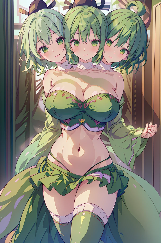(masterpiece, best quality), best quality, (ultra-detailed), (3heads:1.5), 1girl, (soga no tojiko:1.3), masterpiece, best quality, ultra quality, ultra resolution, ultra detail, dark green top, crop top, ((stomach)), midriff, ((groin)), dark green skirt, normal ears, shackles, green hair, (same hair color), short hair, green eyes, very detailed eyes, parted lips, (smiling:1.5), (soft smile:1.5), cute smile, cute, toned belly, hand on own chest, eyelashes, (2 woman:1.3), (masterpiece:1.5), (best quality:1.5), (beautiful detailed), extremely detailed CG, extremely delicate and beautiful, depth of field, (finely detailed face), (perfect details:1.3), (mature female:1.4), wide pelvis, slender, large veiny breast, 16k resolution, highres, very high quality, very high definition, extremely detailed, masterpiece, green hair, short hair, alluring presence, beautiful, short skirt, close up, very big breasts, huge breasts, young, ofuda, two ghost tails, girl with three heads, three headed girl,