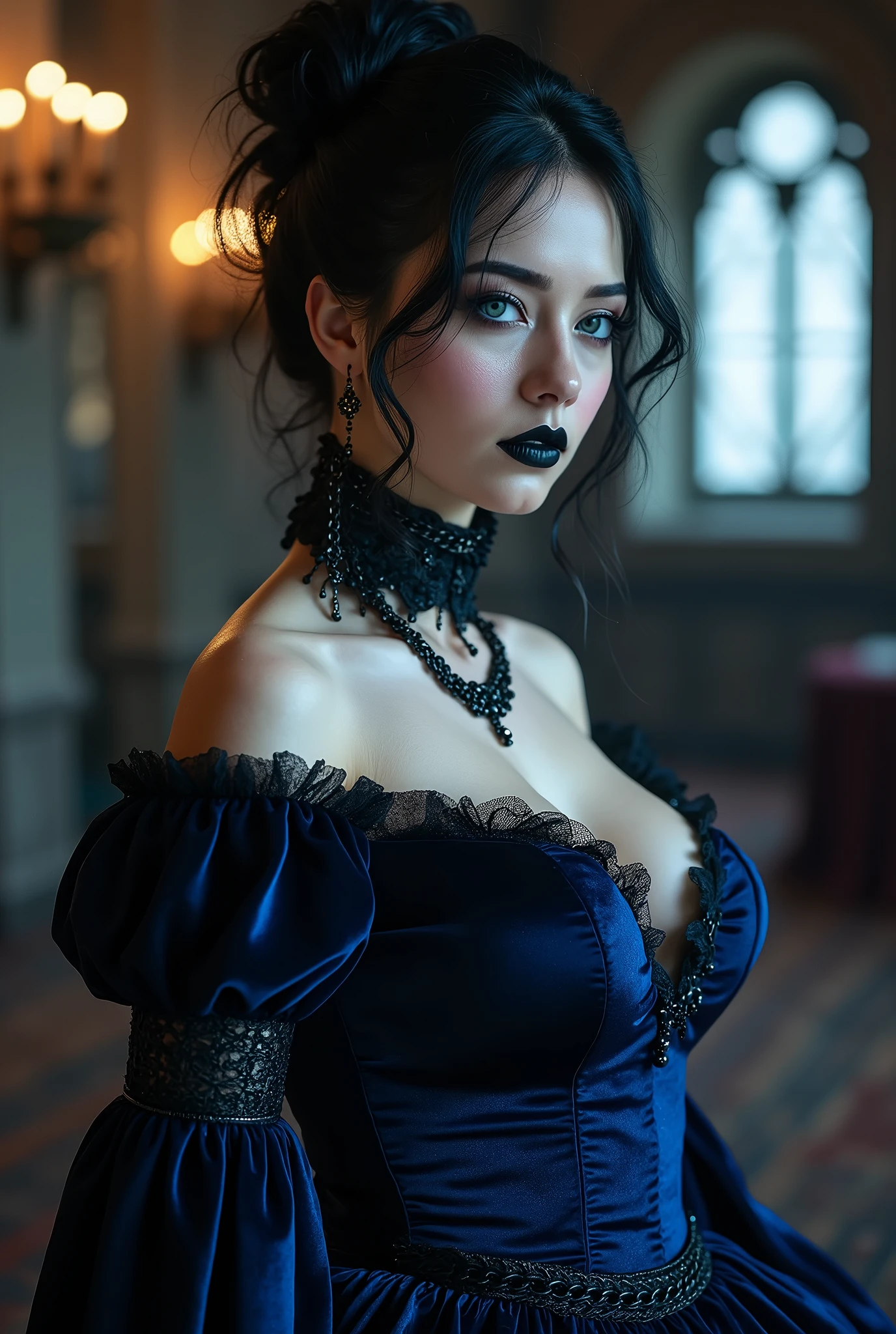 ((photograph)), black hair updo goth girl, blackout eyeshadow, 30 year elegant woman, pale skin, high collar renaissance blue velvet dress, black lips, chains, bright blue eyes, buxom, upper torso, background medieval castle ballroom, dark, dim, night, moonlight