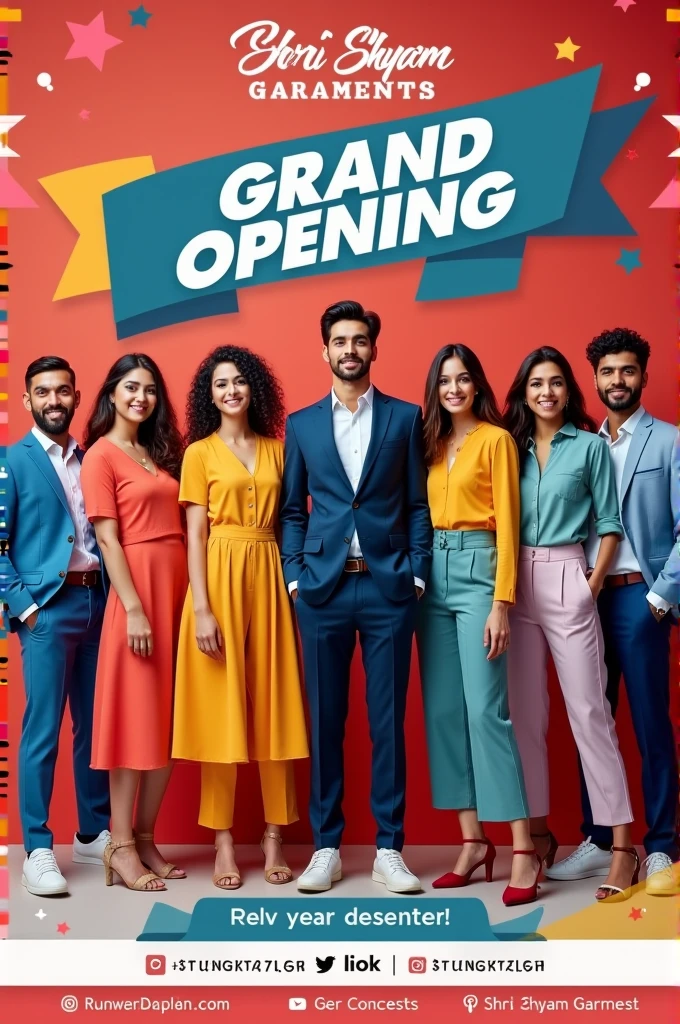 Make A advertisment photo in hindi language to share on social media ads of my new garments shop opening named "Shri shyam Garments" where I will sell all clothes for mens, women's,kids and footwear too , include "Shri shyam Garments" as the shop name 