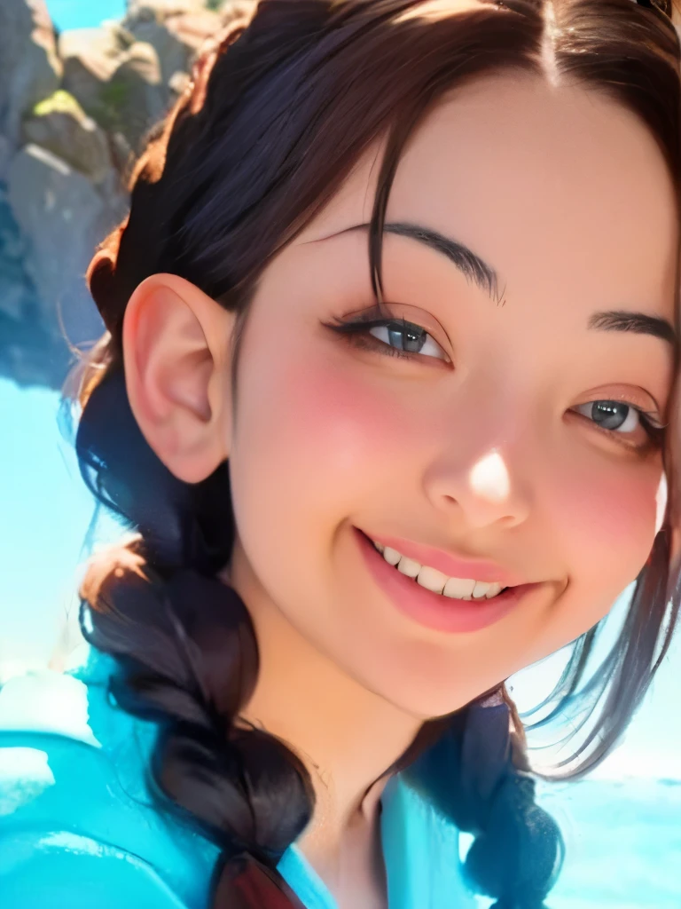 Masterpiece, Best Quality, 8K, Photographic Reality, Realistic, a close-up of a girl, 20, brown eyes, dark hair in a French Braid, smiling, wearing a light blue skirt. rocky beach background in the morning light.