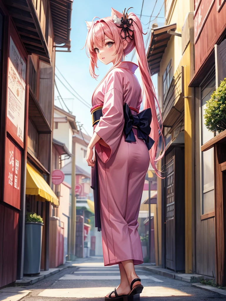 Twin-tailed pink kimono standing illustration