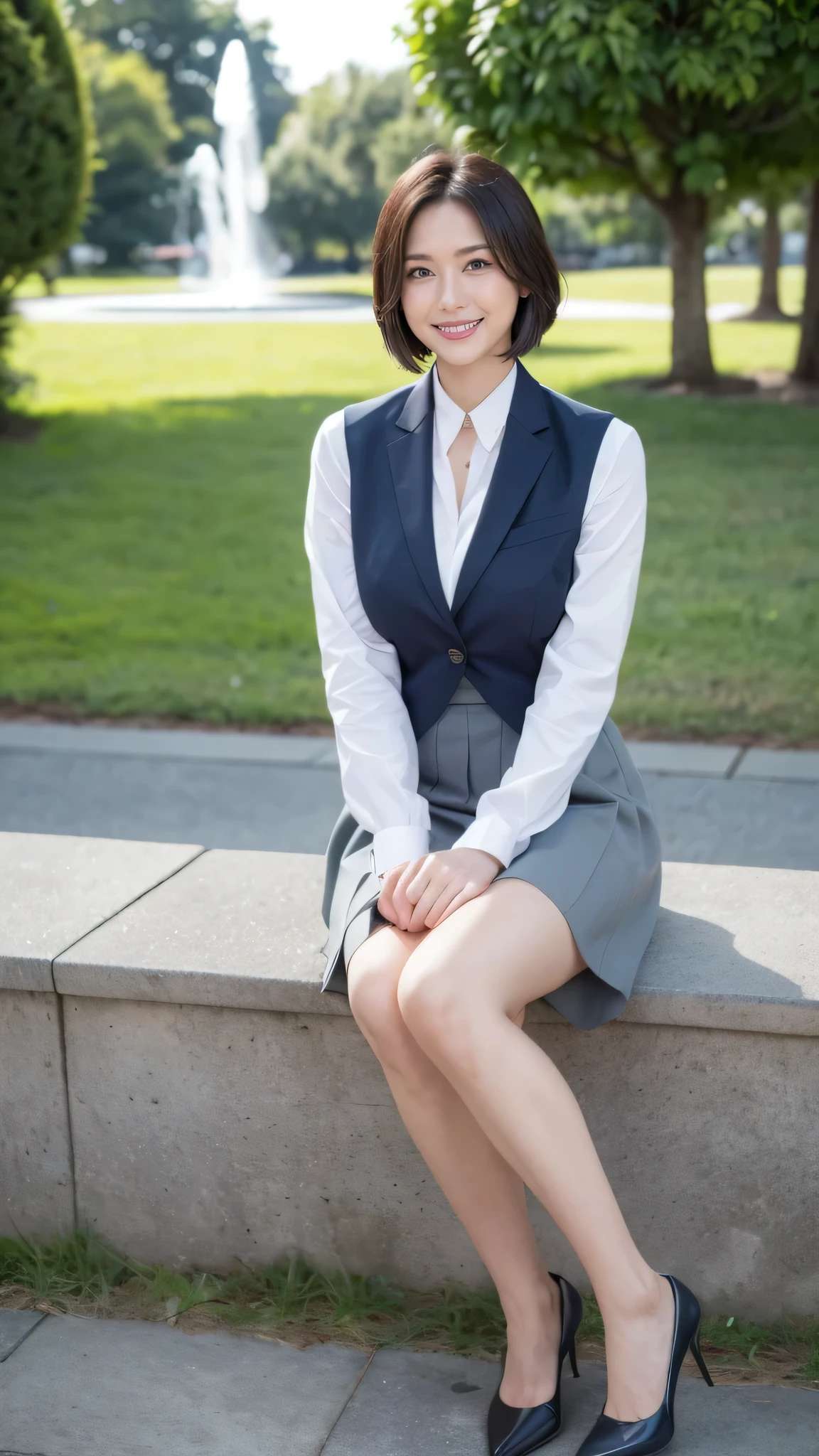 最high quality, In 8K, Masseter region, Vibrant, Sharp focus, high quality, High resolution, Detailed face, fine grain, Thick lips, (Looking at the audience), alone, Beautiful woman, 3, Japanese women, (Short black hair:1.4)、(Bob Hair:1.4), Very obscene huge cleavage, Lunch break、Large city park、Green Grass、In front of a big fountain、(sitting on a park bench:1.3)、(Full body photo:1)、(Japanese women)、(Mitsubishi Bank:1.8), (She is wearing a dark blue vest over a white blouse.:1.5), The vest has three gold buttons, (red, Blue and white ribbon tie:1.6)、(Ribbon tie at neck)、(Knee-length dark blue skirt)、(Black pumps:1.5)、(red lipstick:1)、(smile:1.6)、(standard body type)、(D cup breasts)