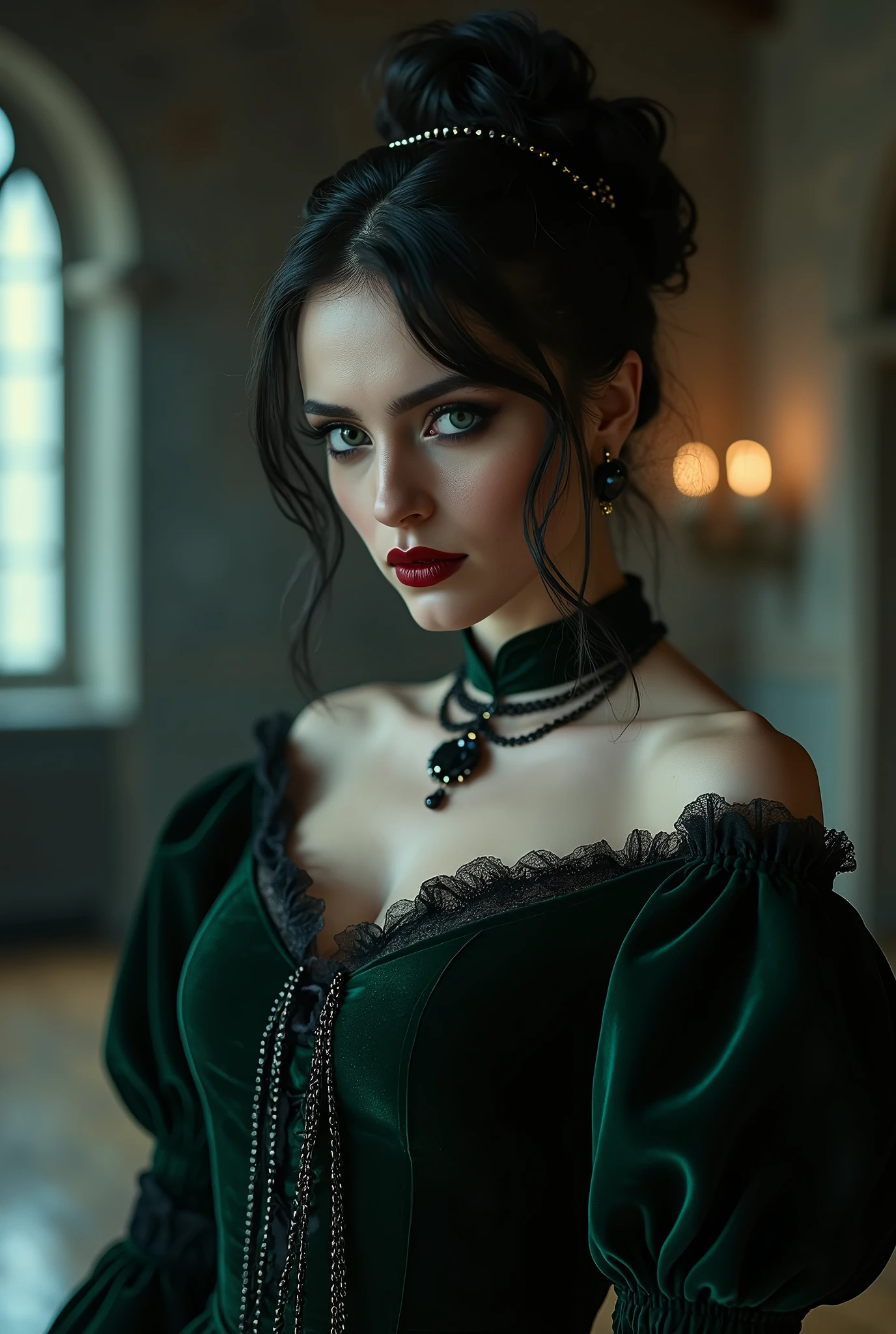 ((photograph)), black hair updo goth girl, blackout eyeshadow, 30 year elegant woman, pale skin, high collar renaissance darkgreen velvet dress, black lips, chains, bright blue eyes, buxom, upper torso, background medieval castle ballroom, dark, dim, night, moonlight