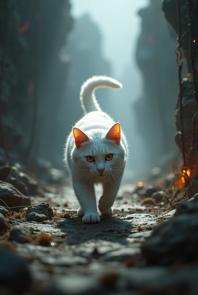 A cat faces traps and obstacles the cat that is white