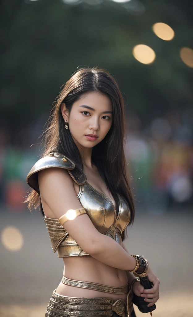 (colored picture), Photo realistic of beautiful asian,((A beautiful girl in the guise of an ancient warrior, adorned with powerful armor, holds a radiant weapon in her hand, creating a strong and captivating image. The scene is set in an arena with a large audience, captured in high-quality photography.",  As she confidently posing for camera, , the background is a blur of motion and ((bokeh)), with light streaming from right to left. a sense of connection to the viewer, full body.