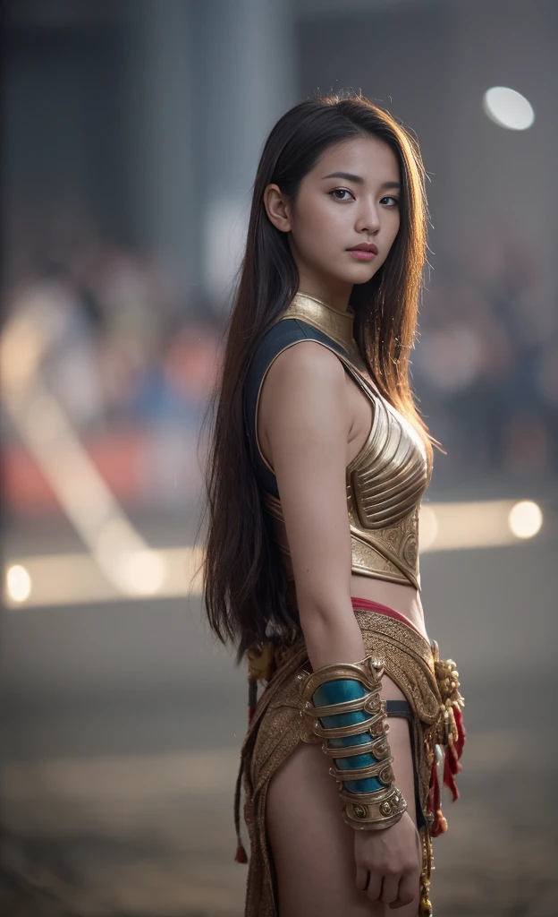 (colored picture), Photo realistic of beautiful asian,((A beautiful girl in the guise of an ancient warrior, adorned with powerful armor, holds a radiant weapon in her hand, creating a strong and captivating image. The scene is set in an arena with a large audience, captured in high-quality photography.",  As she confidently posing for camera, , the background is a blur of motion and ((bokeh)), with light streaming from right to left. a sense of connection to the viewer, full body.