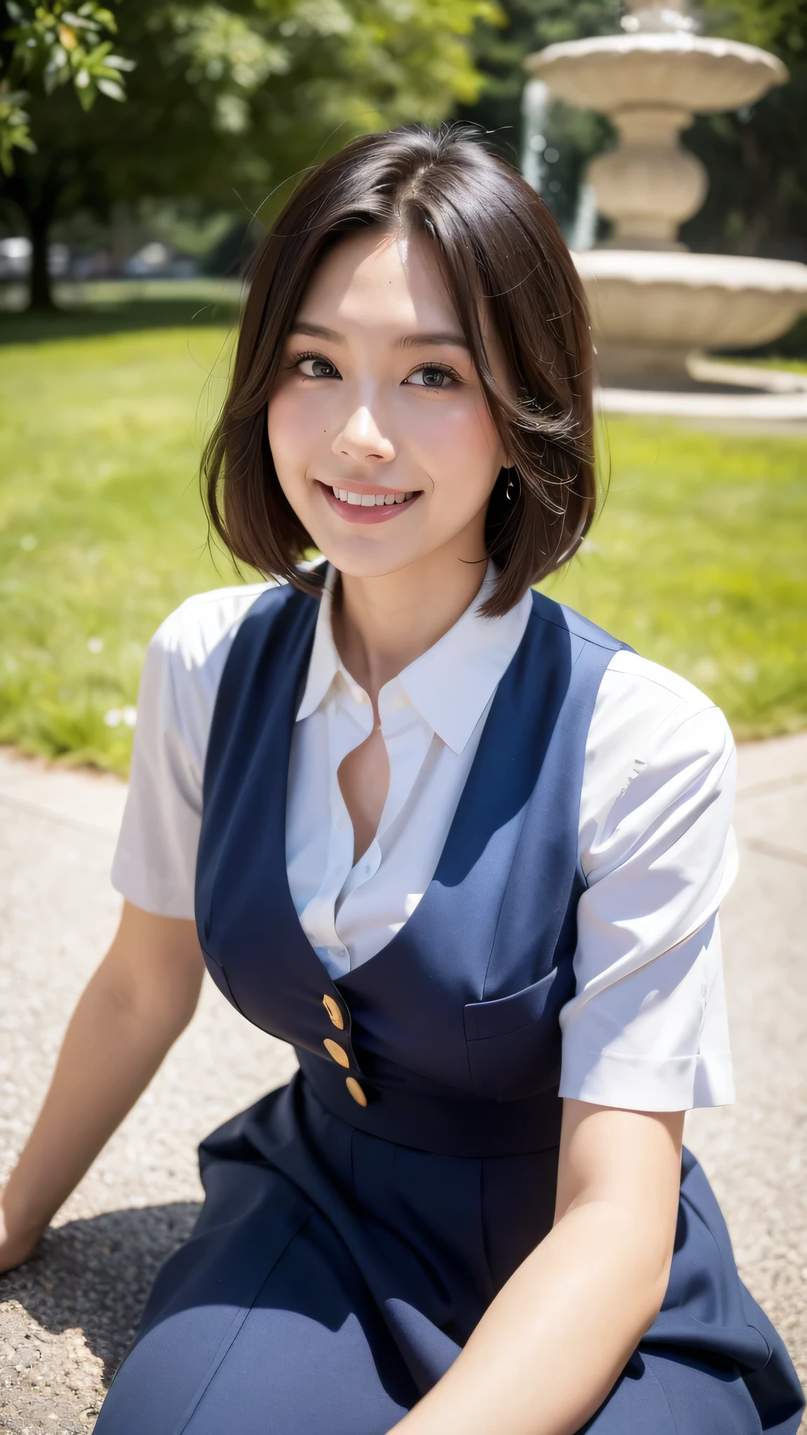 最high quality, In 8K, Masseter region, Vibrant, Sharp focus, high quality, High resolution, Detailed face, fine grain, Thick lips, (Looking at the audience), alone, Beautiful woman, 3, Japanese women, (Short black hair:1.4)、(Bob Hair:1.4), Very obscene huge cleavage, Lunch break、Large city park、Green Grass、In front of a big fountain、(sitting on a park bench:1.3)、(Full body photo:1)、(Japanese women)、(Mitsubishi Bank:1.8), (She is wearing a dark blue vest over a white blouse.:1.5), The vest has three gold buttons, (red, Blue and white ribbon tie:1.6)、(Ribbon tie at neck)、(Knee-length dark blue skirt)、(Black pumps:1.5)、(red lipstick:1)、(smile:1.6)、(standard body type)、(D cup breasts)