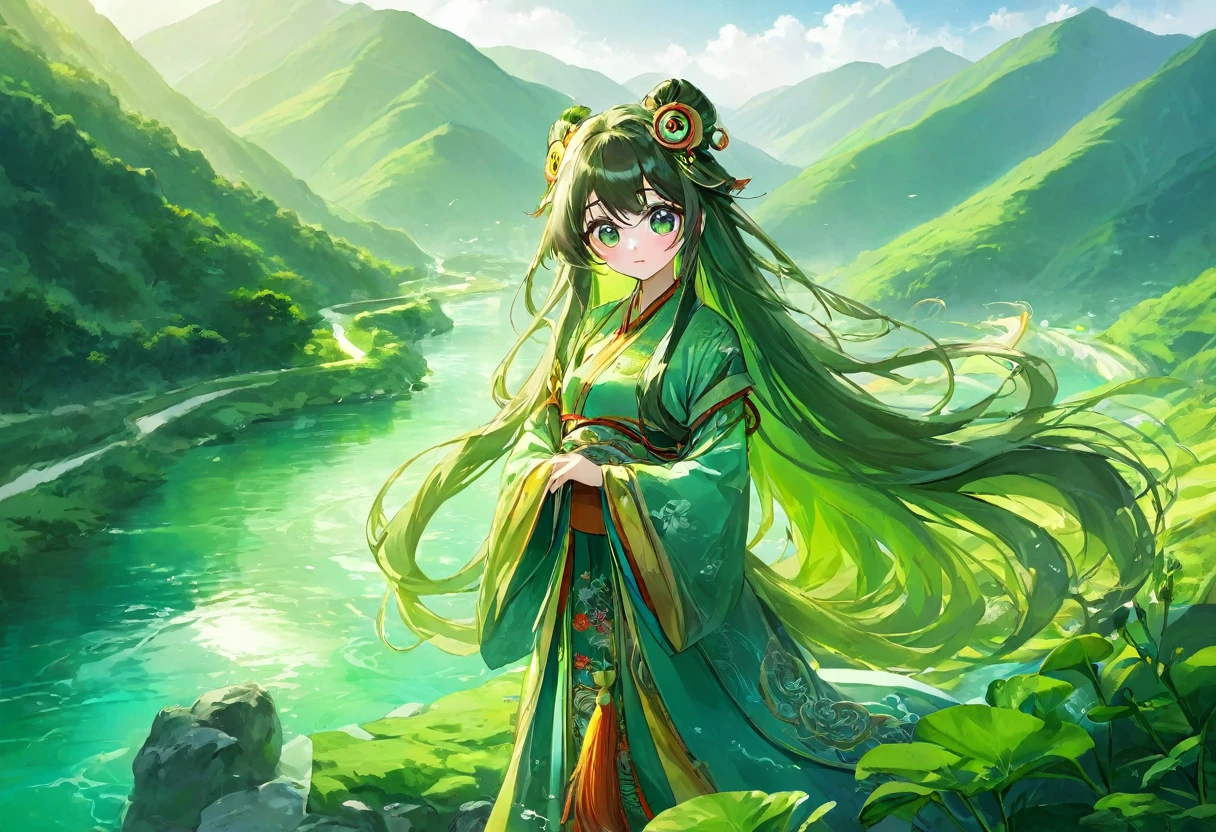 Huangfu costume, long hair, girl, Big eyes, Green mountains and green water,