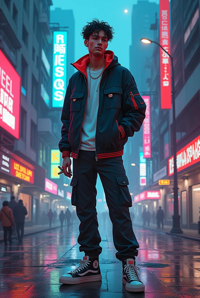 Brazilian Male Avatar Young Adult, cyberpunk, streetwear, first olive, smoking, anime vintage