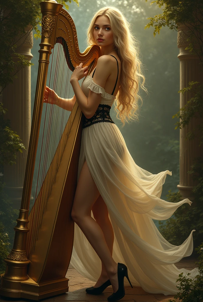 (photorealism:1.2), girl, wearing black high heels, black cotton garter belt, satin dress, long blonde hair, holding a golden harp, realistic, intricate details, by Greg Rutkowski, by Alphonse Mucha
