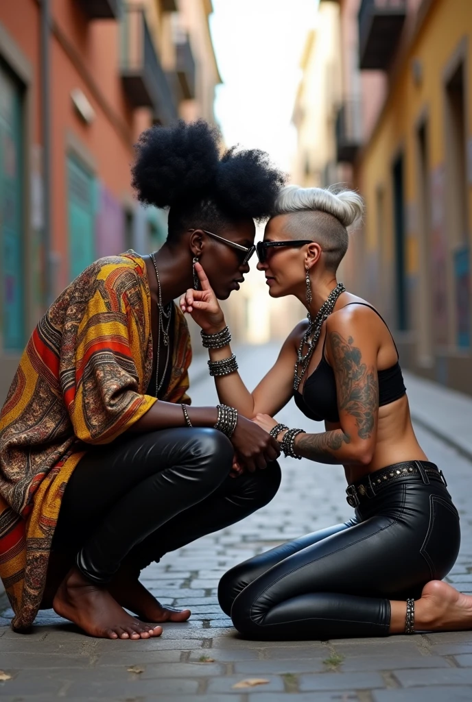 Three russian old  milf women: the strong, muscular , dominant dark skinned gipsy woman (black afro, long african traditional colourful tunic, barefoot), squatting with possessive stance (arms around her two girlfriends' necks). At her feet, lying on the ground,her two caucasian girlfriends groping and kissing each other,  weak, light grey hair, submissive and needy, feeling defeated and needy, in laid back postures  with hands touching their thongs or their necks or chest, looking at each other with open mouths, arched back,  different clothes but all wearing clothes in rock chic style. grey hair (bouffant, top bun, shaved sides) and oversized square sunglasses. Big lips.  Black lace push up bras, silicone breasts,, low rise skinny leather jeans. Both Barefoot.. Lots of thick wide studded bracelets, chain necklaces and big rings,. Long earrings with chains and feathers. Chains around their hips. Lounging lazily on the ground with bended knees, separated legs and arched backs. Lazy, leaning back, laid back pose, separated legs. Neck tattoed,  chest tattoed, stomach tattoed, feet, hands, arms and wrists heavily tattoed.  Toned abdominals, thin neck, slim legs and thin arms. Narrow hips. Both, open legs. Full body. At a Madrid narrow street with graffitied walls. 